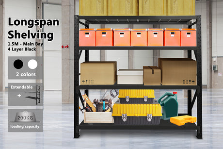 Longspan Shelving 1.5M - Main Bay 4 Layer Black