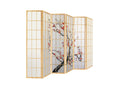6-Panel Room Divider with Flower Pattern - Natural Wood