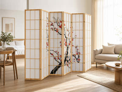 6-Panel Room Divider with Flower Pattern - Natural Wood