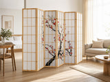 6-Panel Room Divider with Flower Pattern - Natural Wood