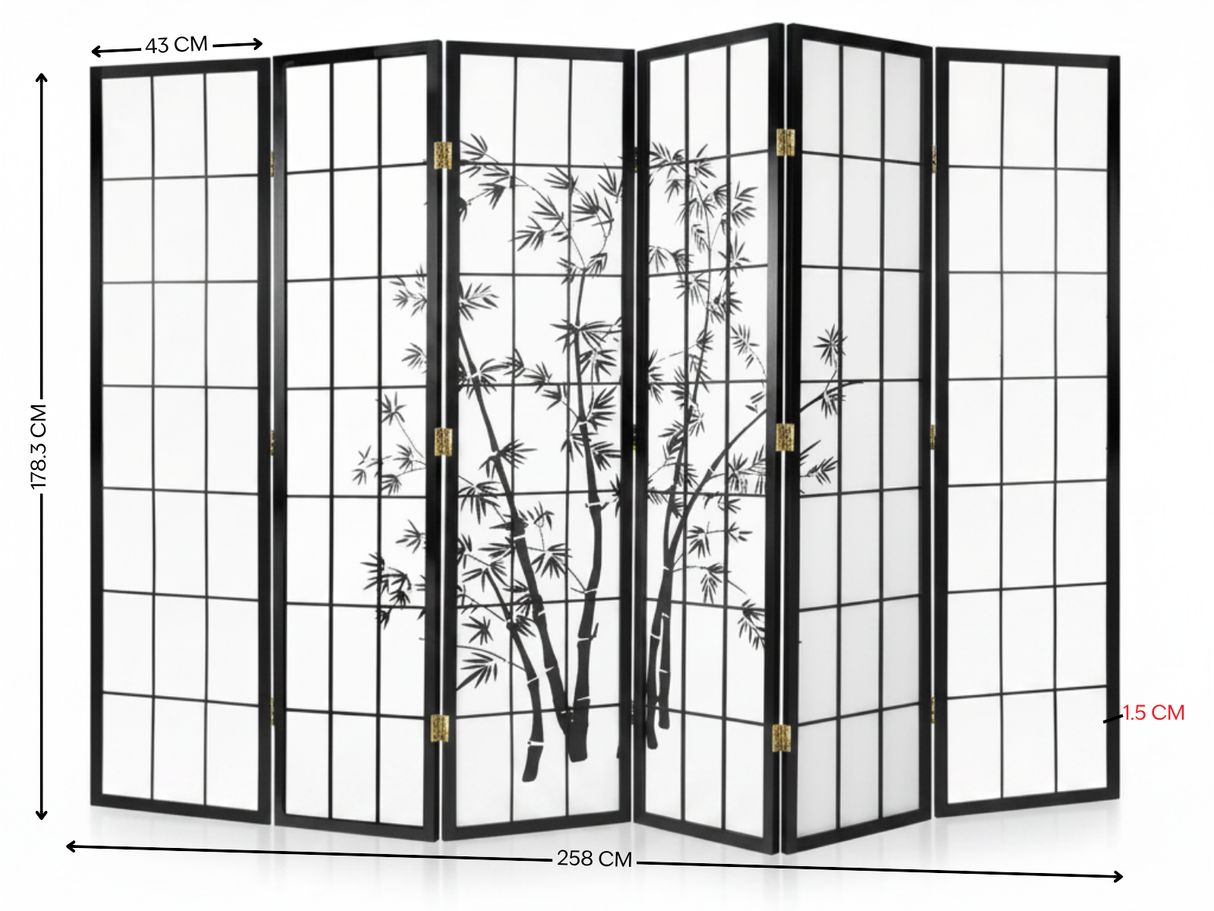6-Panel Room Divider with Bamboo Pattern - Black