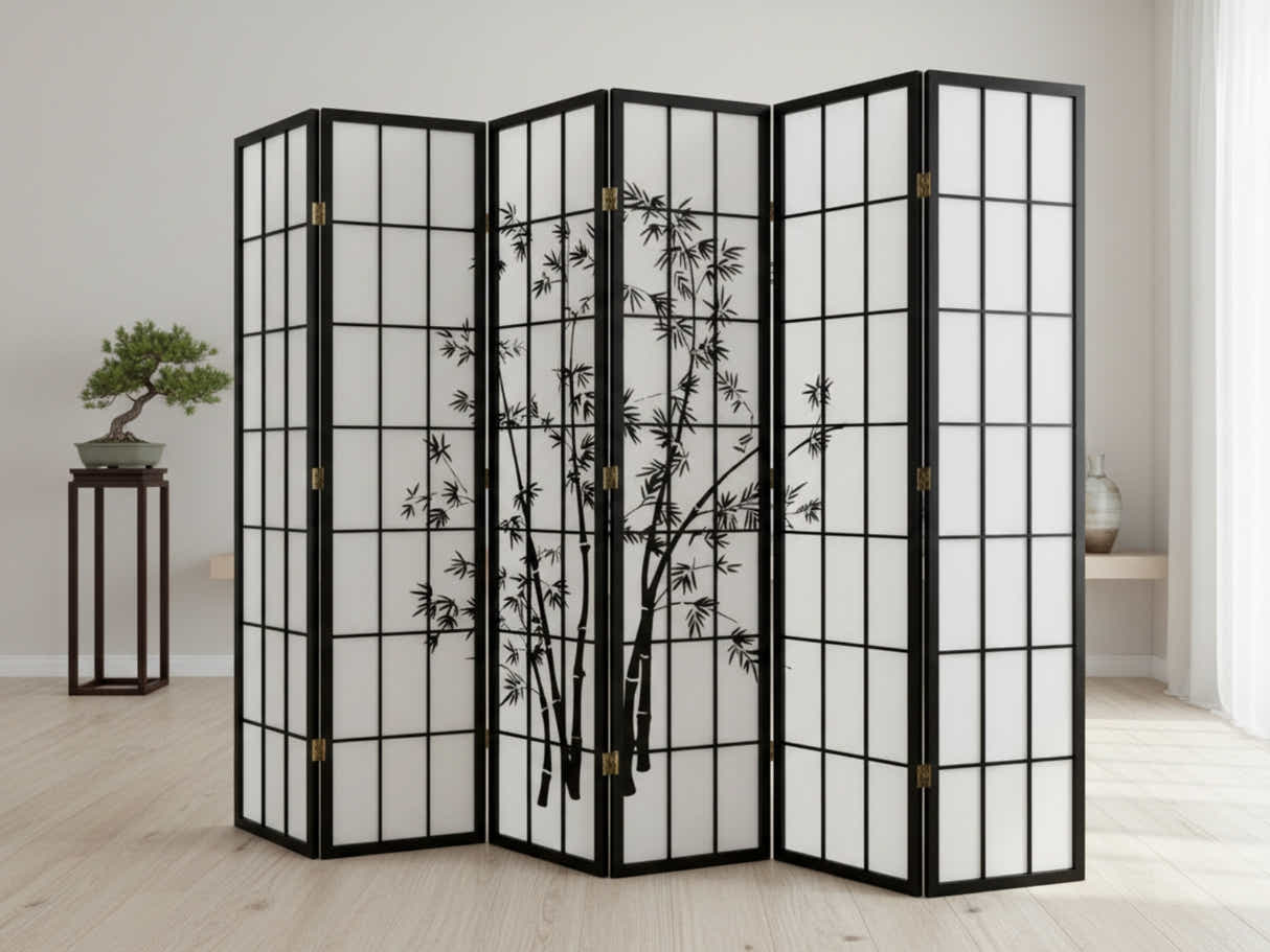 6-Panel Room Divider with Bamboo Pattern - Black