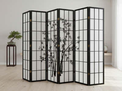 6-Panel Room Divider with Bamboo Pattern - Black