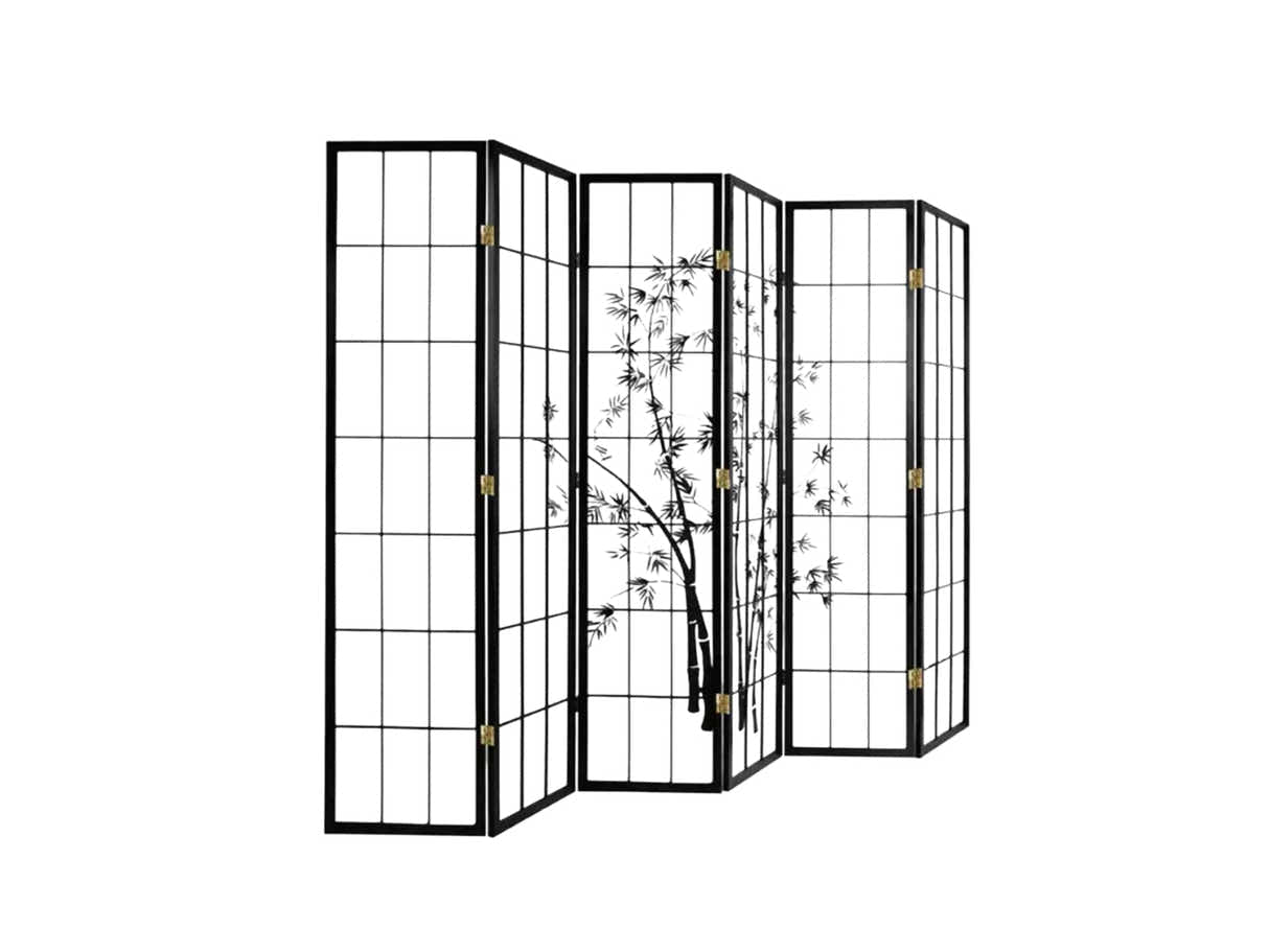 6-Panel Room Divider with Bamboo Pattern - Black