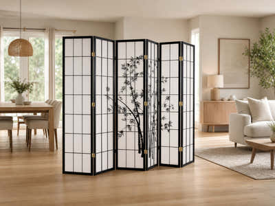 6-Panel Room Divider with Bamboo Pattern - Black