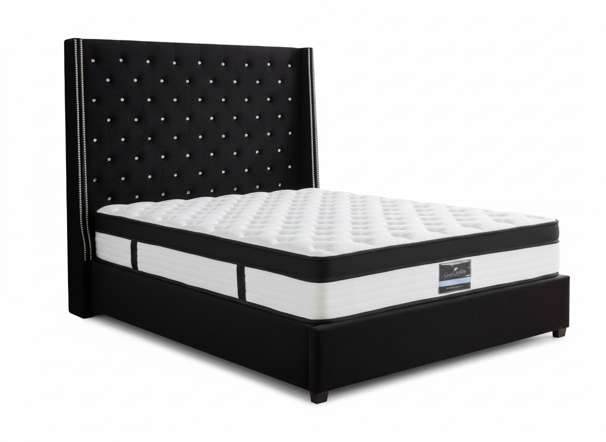 Aria Velvet Bed Frame Black & Euro Top Mattress G31 - Queen