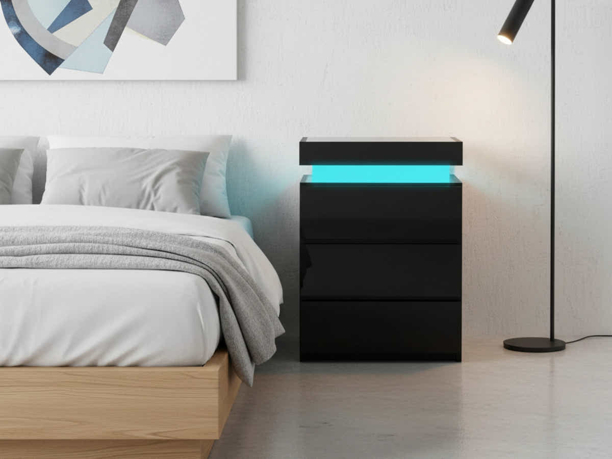 Glansig Bedside Table with LED Light - Piano Black