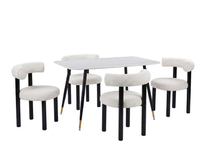 Lavina Dining Table with MDF Top 120 cm & Boucle Velvet Dining Chair White - Set of 4