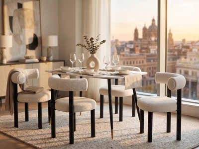 Lavina Dining Table with MDF Top 120 cm & Boucle Velvet Dining Chair White - Set of 4