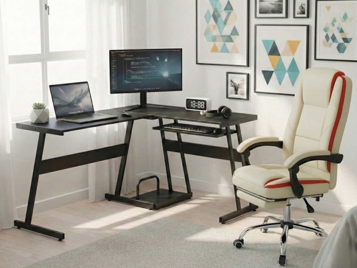 Irina L-Shaped Computer Desk & Siena Executive Office Chair PU Beige