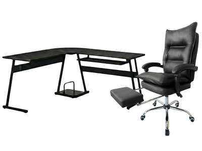 Irina L-Shaped Computer Desk & New Markus Office Chair with Footrest PU Black