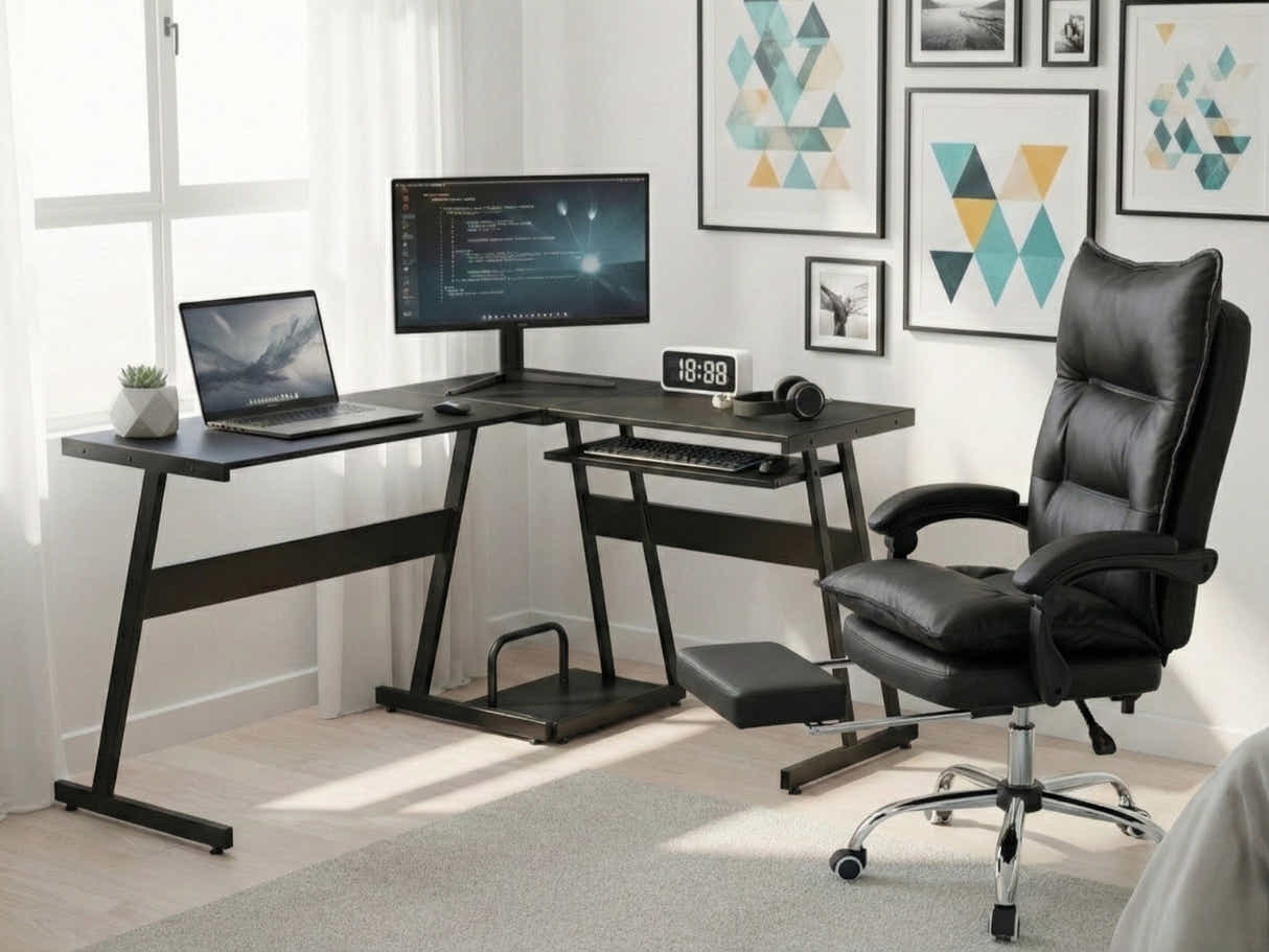 Irina L-Shaped Computer Desk & New Markus Office Chair with Footrest PU Black