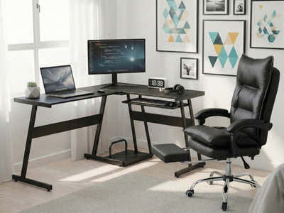 Irina L-Shaped Computer Desk & New Markus Office Chair with Footrest PU Black