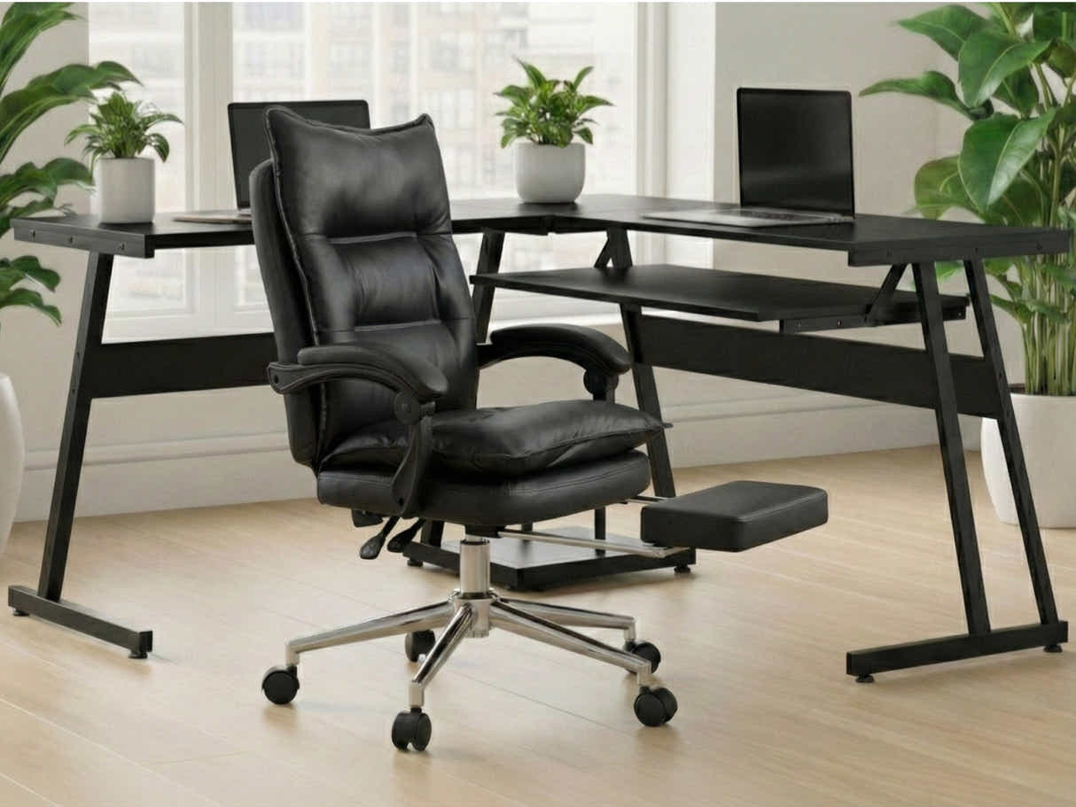 Irina L-Shaped Computer Desk & New Markus Office Chair with Footrest PU Black