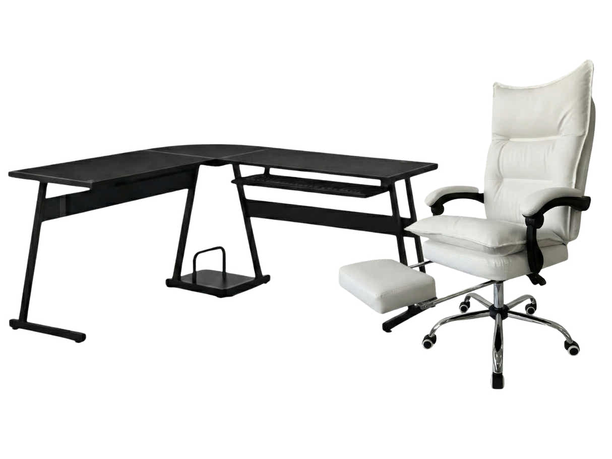 Irina L-Shaped Computer Desk & New Markus Office Chair with Footrest PU White