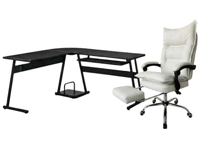 Irina L-Shaped Computer Desk & New Markus Office Chair with Footrest PU White