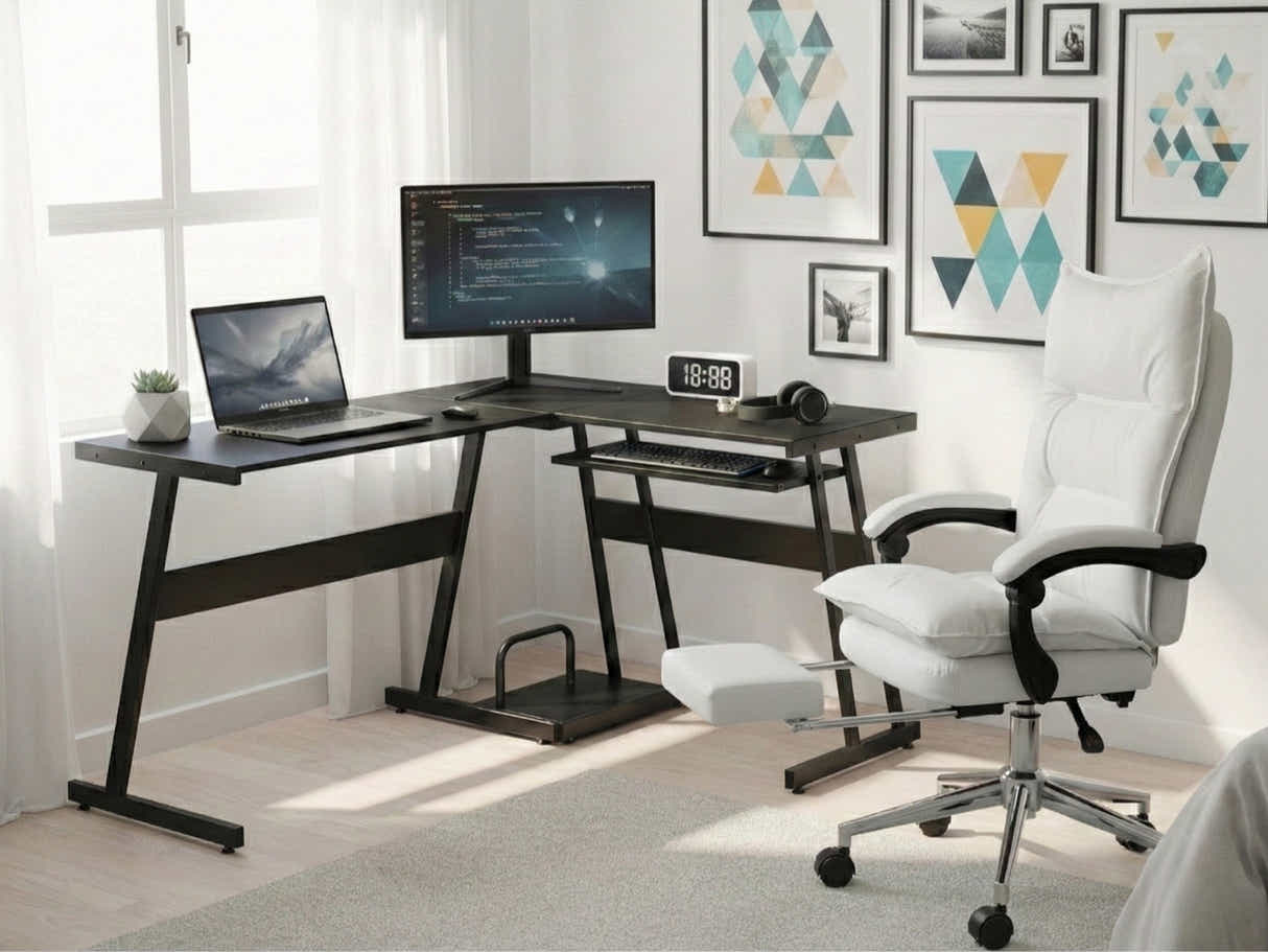 Irina L-Shaped Computer Desk & New Markus Office Chair with Footrest PU White