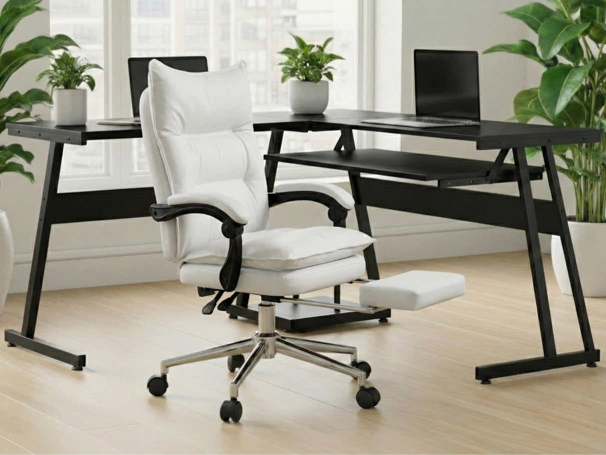 Irina L-Shaped Computer Desk & New Markus Office Chair with Footrest PU White