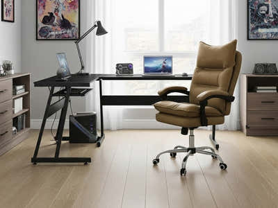 Irina L-Shaped Computer Desk & New Markus Office Chair with Footrest PU Khaki