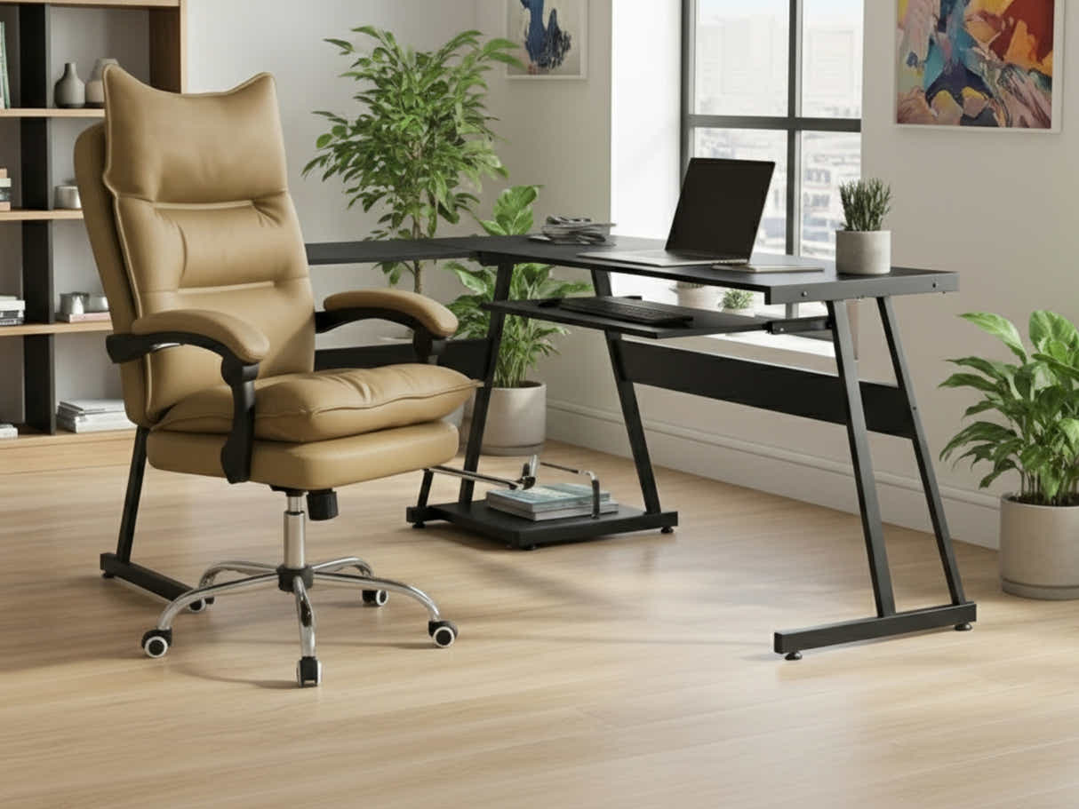 Irina L-Shaped Computer Desk & New Markus Office Chair with Footrest PU Khaki