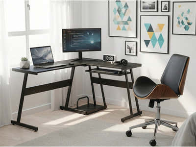 Irina L-Shaped Computer Desk & Bentwood Office Chair