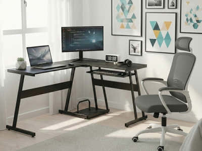 Irina L-Shaped Computer Desk & Molina Mesh Task Chair White+Grey