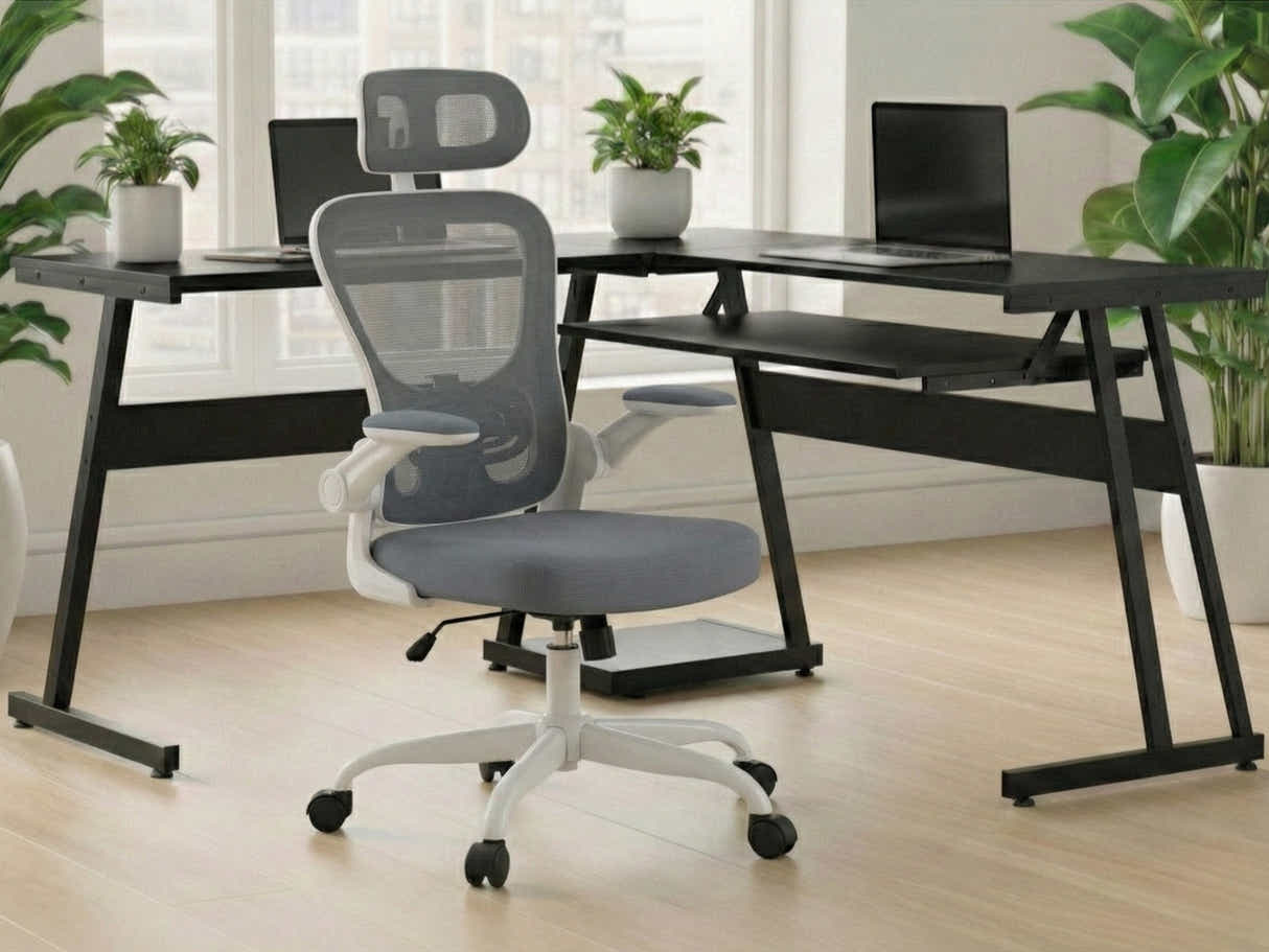 Irina L-Shaped Computer Desk & Molina Mesh Task Chair White+Grey