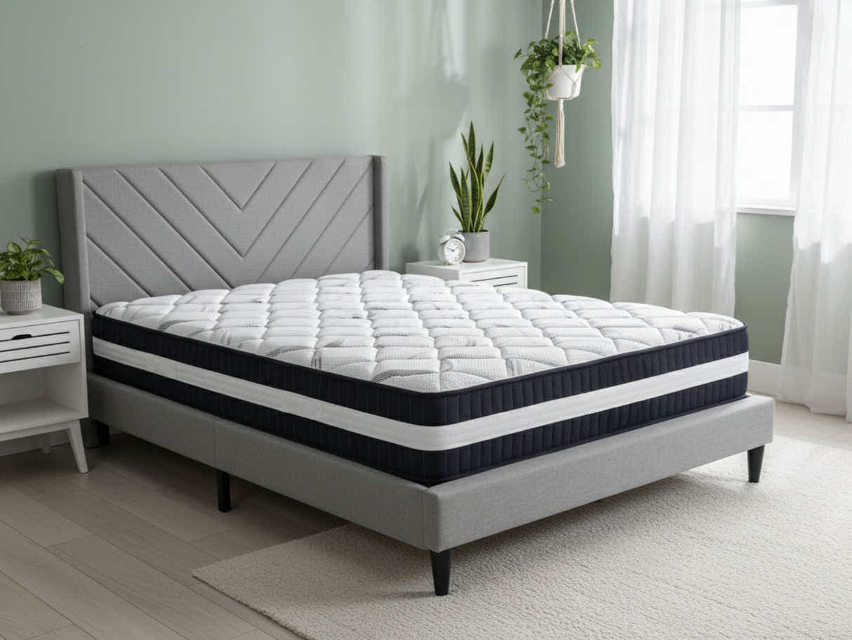 Vele‑D Bed Frame Light Grey & Euro Top Mattress L30 - Double
