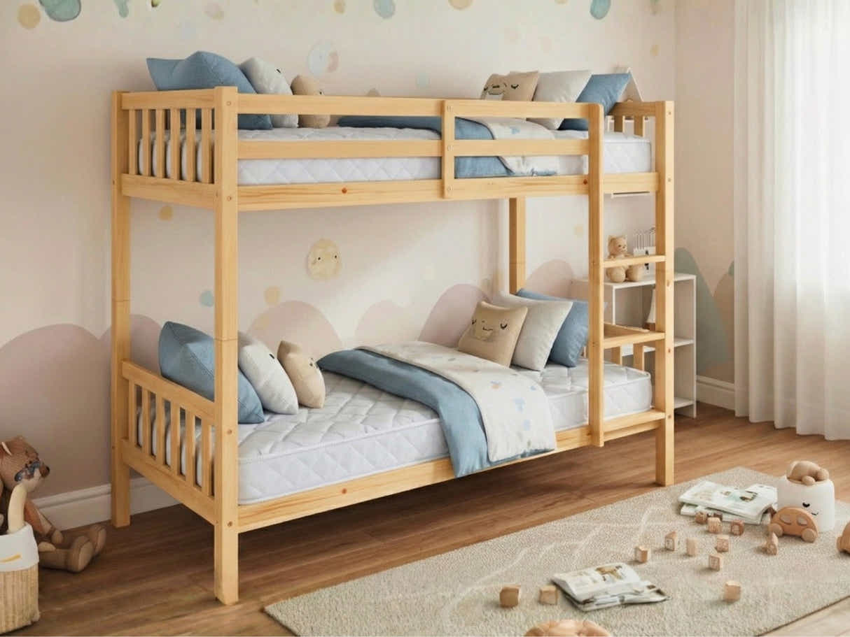 New Lydia Bunk Bed - Natural & Mattress Bon15 Single x2
