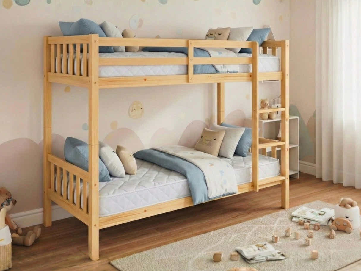 New Lyn Bunk Bed - Natural Wood & Mattress Bon15 Single x2