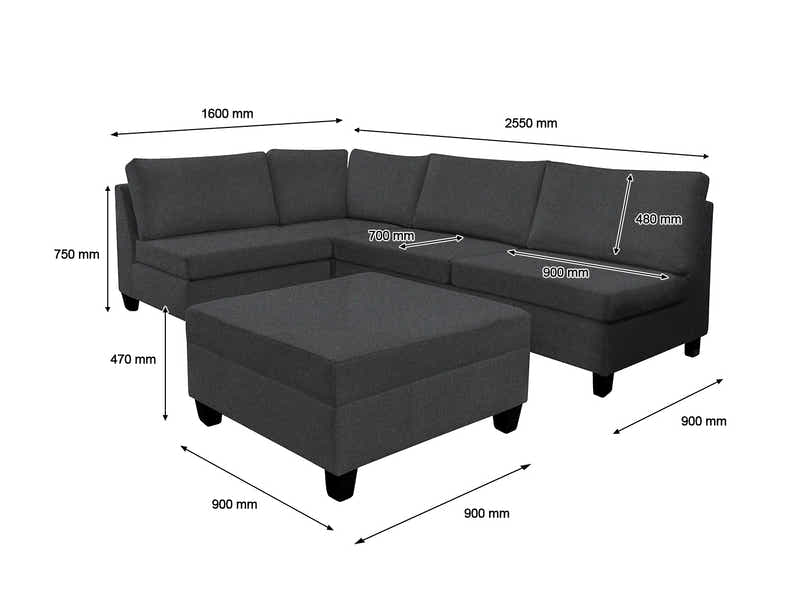 DS NZ Made Bhumi Corner Sofa with Ottoman - Vish Black