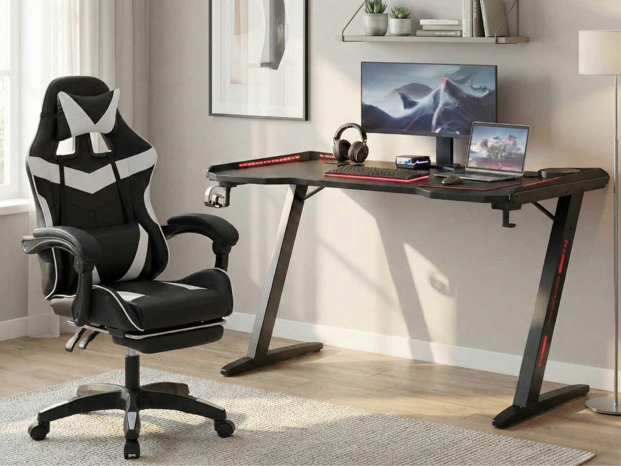 Gaming Table & Nicola Gaming chair PVC Black+White