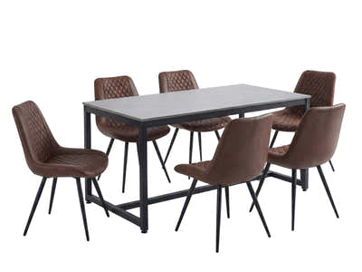 Grey Marble Look Dining Table - 160 cm & Tricia PU Dining Chair x6 Brown