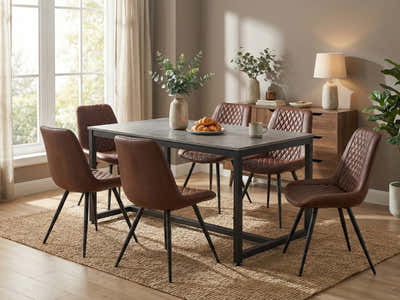 Grey Marble Look Dining Table - 160 cm & Tricia PU Dining Chair x6 Brown