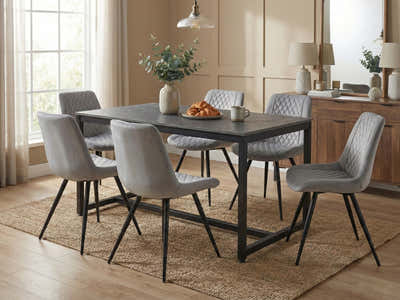 Grey Marble Look Dining Table - 160 cm & Tricia PU Dining Chair x6 Grey