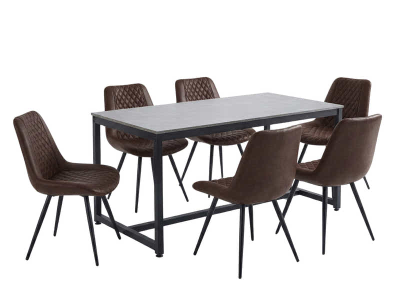 Grey Marble Look Dining Table - 160 cm& Tricia PU Dining Chair x6 Dark Brown