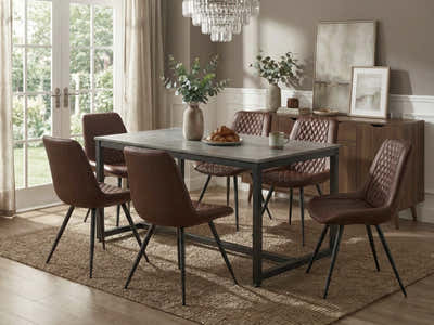 Grey Marble Look Dining Table - 160 cm& Tricia PU Dining Chair x6 Dark Brown