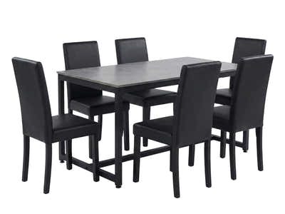 Grey Marble Look Dining Table - 160 cm & Yvette PU Dining Chair x6 Black