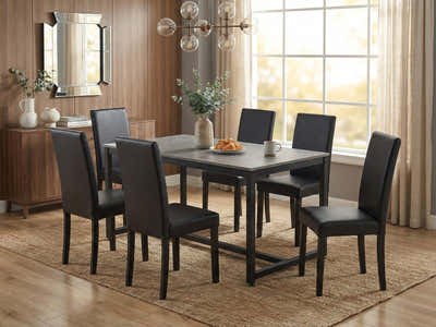 Grey Marble Look Dining Table - 160 cm & Yvette PU Dining Chair x6 Black
