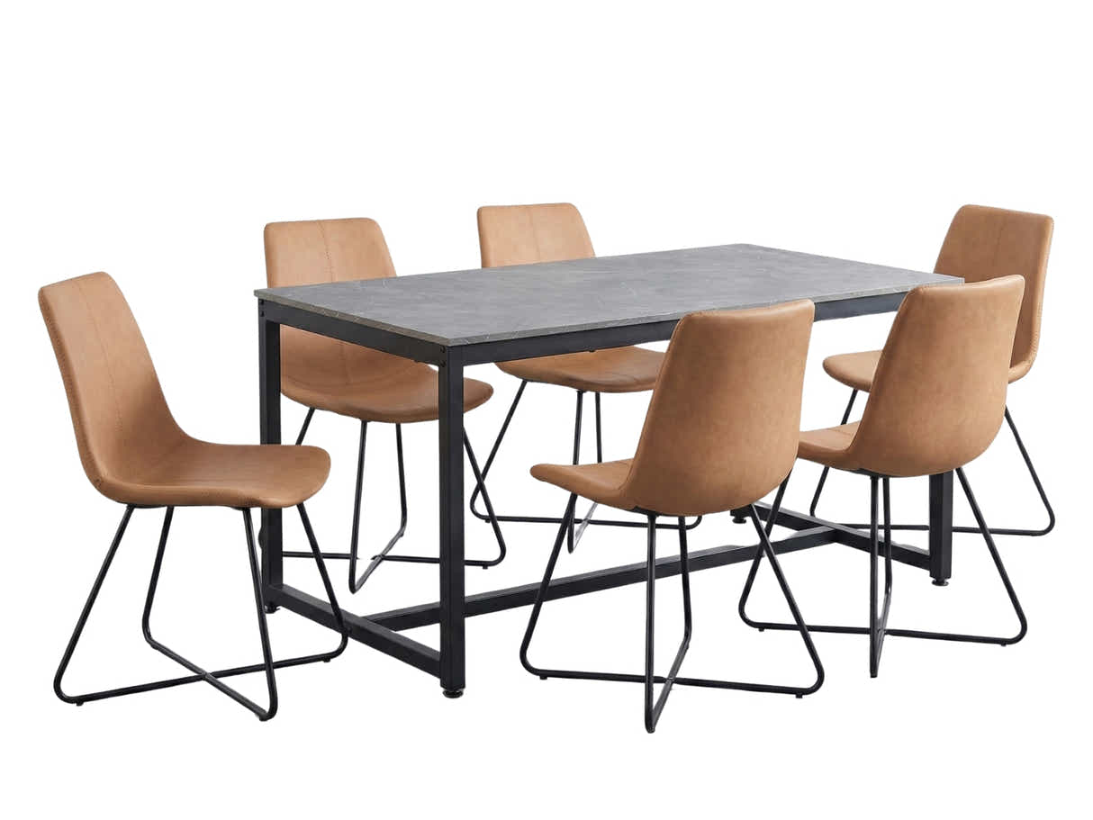 Grey Marble Look Dining Table - 160 cm & Walnut Bonded Leather Dining Chair x6