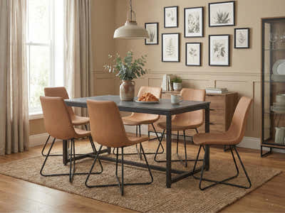 Grey Marble Look Dining Table - 160 cm & Walnut Bonded Leather Dining Chair x6
