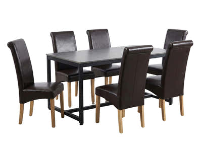 Grey Marble Look Dining Table - 160 cm & Giesle PU Dining Chair Dark Brown x6