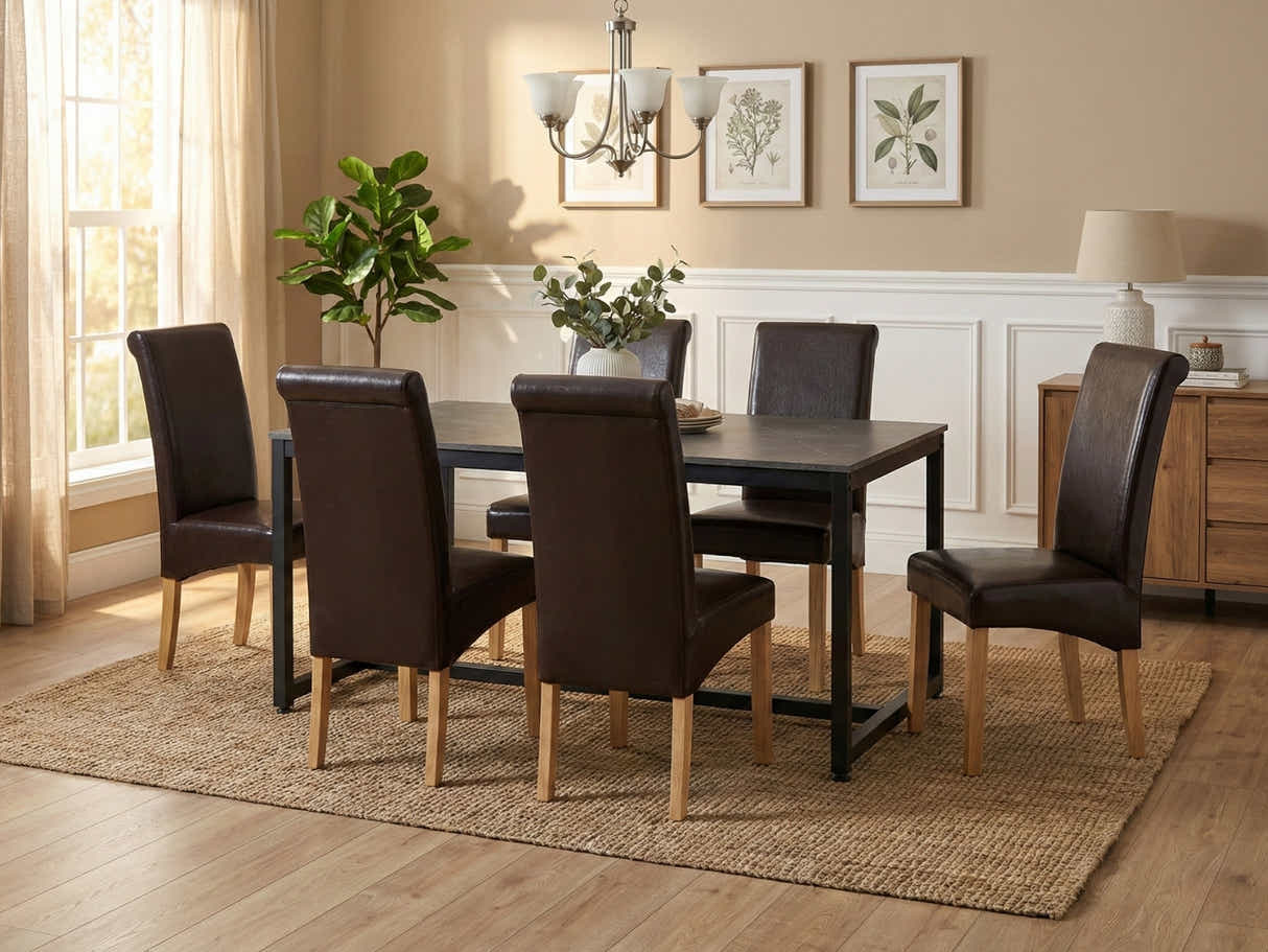 Grey Marble Look Dining Table - 160 cm & Giesle PU Dining Chair Dark Brown x6