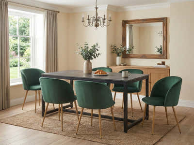 Grey Marble Look Dining Table - 160 cm & Parson Velvet Dining Chair Teal x6