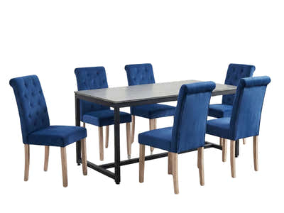 Grey Marble Look Dining Table - 160 cm & Natalie Linen Dining Chair Blue x6