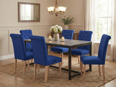 Grey Marble Look Dining Table - 160 cm & Natalie Linen Dining Chair Blue x6