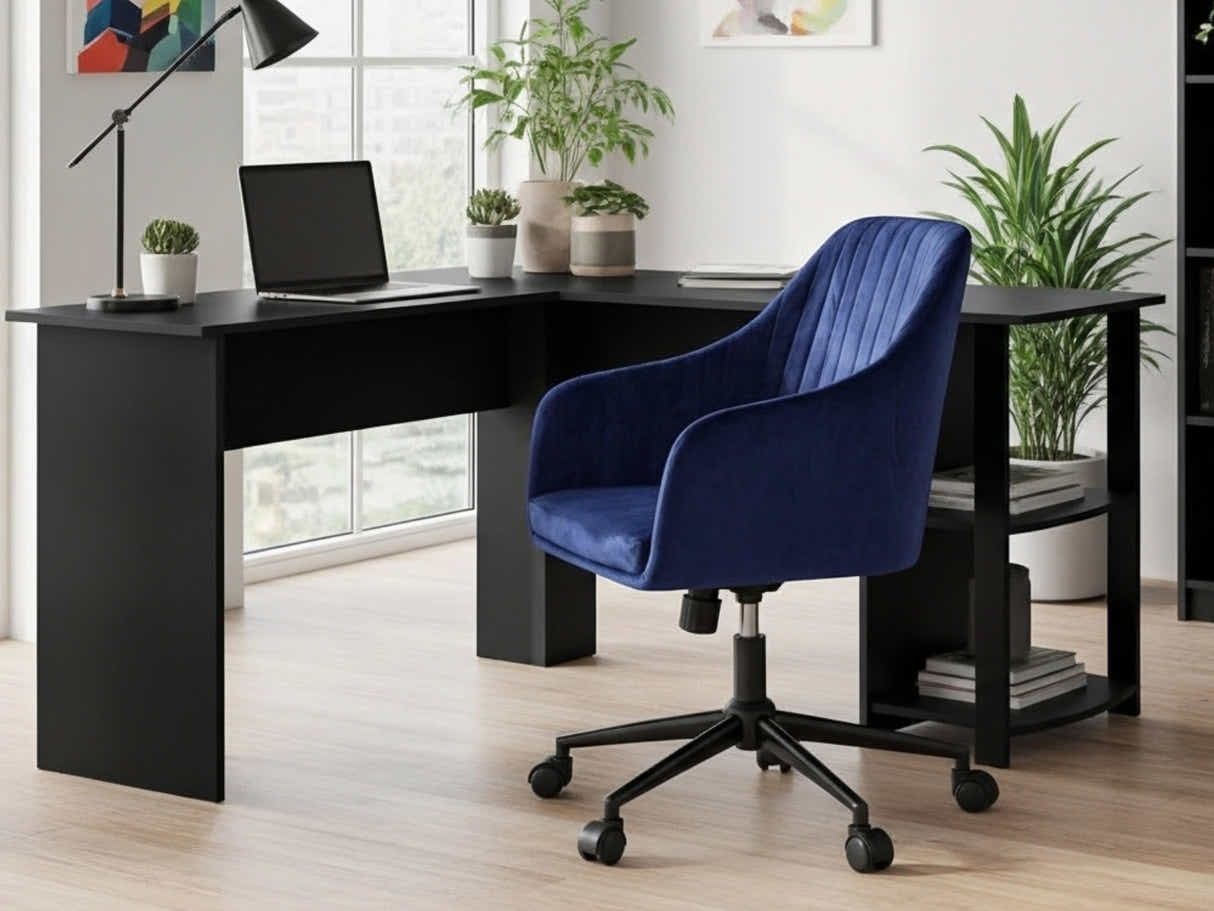 Korr Corner Office Desk & Lilac Office Chair Velvet Blue