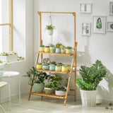 DS BS 3-Layer Wood Plant Shelves With Hanging Rod