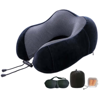 DS BS 4Pcs Airplane Travel Kit With Neck Pillow,Eye Masks,Earplugs-Black