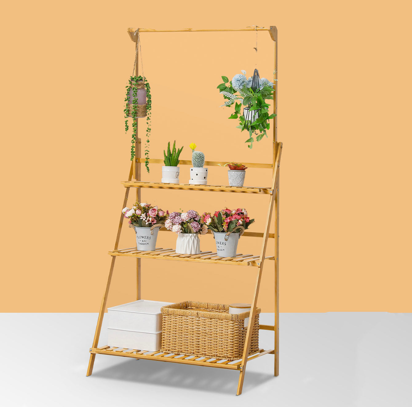 DS BS 3-Layer Wood Plant Shelves With Hanging Rod